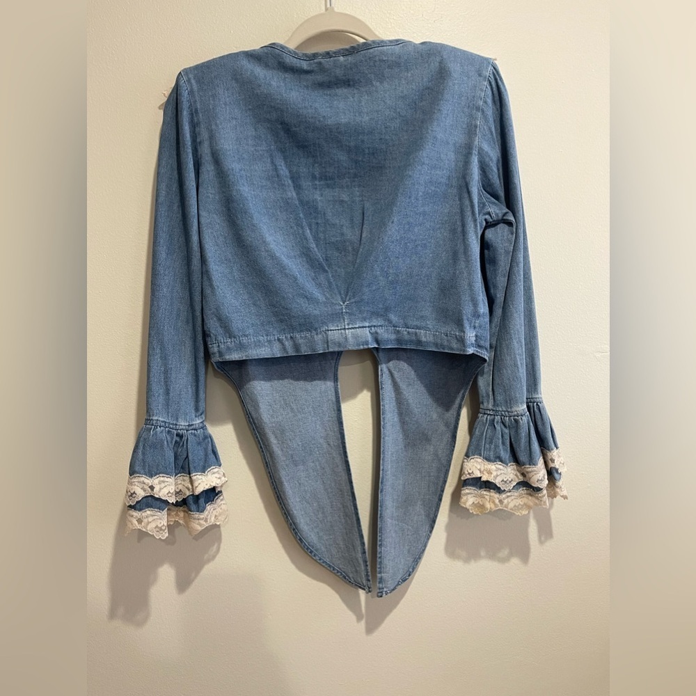 Vintage Long Sleeve Denim Button downTie Front Crop with Ruffle white Mesh Trim - Picture 6 of 6